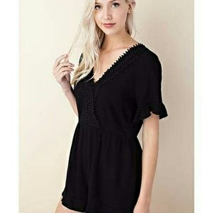 Surplice crochet detail ruffle sleeve romper